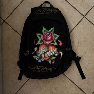 Ed Hardy Black Backpack with Rose and Heart Motif